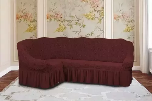 Чехол на диван угловой жаккард бордо с юбкой