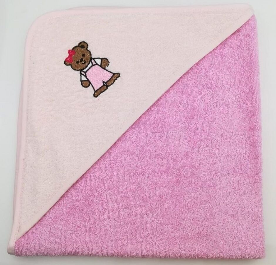 Уголок дет. махровый с вышивкой Медвежонок (светло-розовый) 70x70